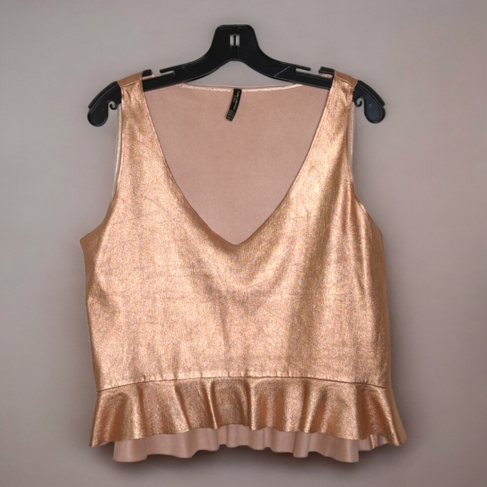 ZARA Trafaluc Women's Rose Gold Faux Suede Sleeveless Ruffle Bottom Tank Size L